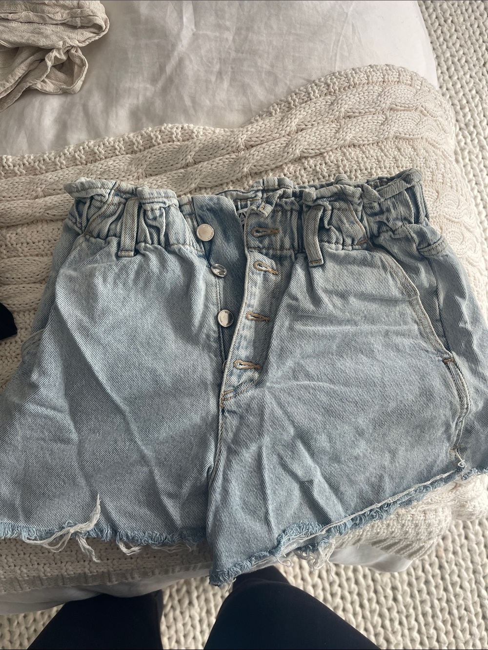 Zara Light Wash Denim Paperbag Waist Shorts